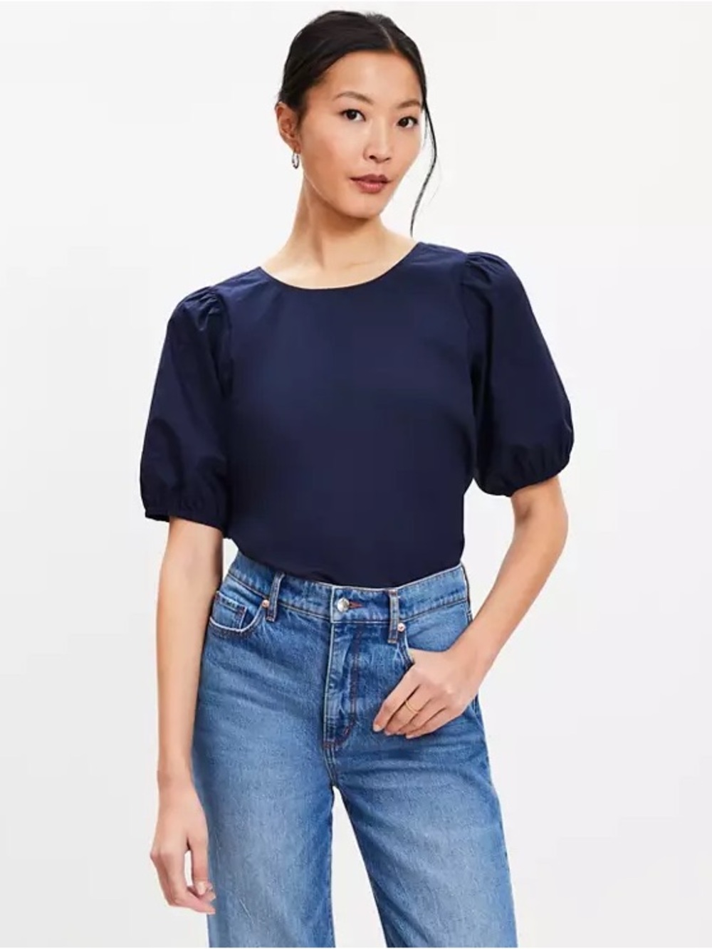 LOFT Poplin Cutout Back Bubble Sleeve Top  Women's Navy Puff Sleeve Top M